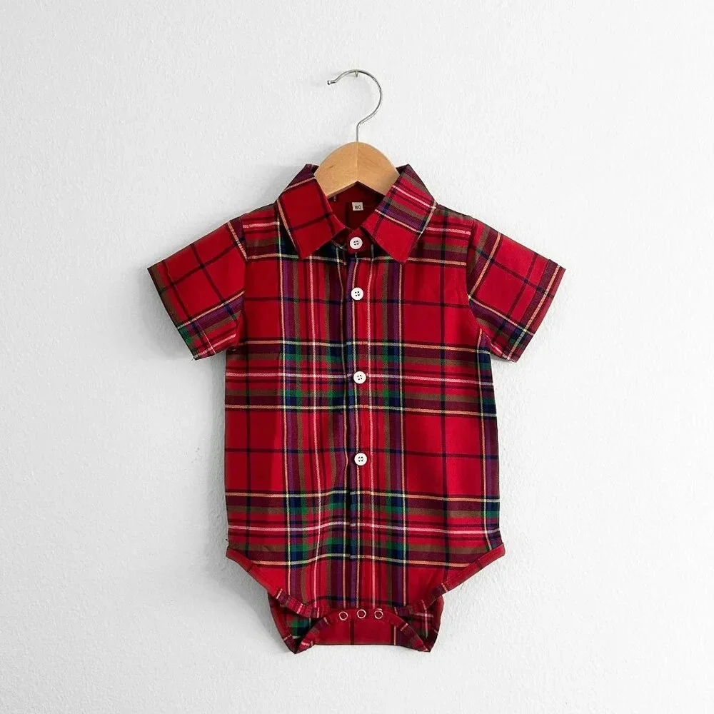 NWT Cute Boys Oxford Button Down Christmas Romper Onesie Plaid Red & Green 3-6M